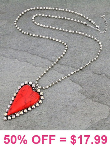 Red Stone Heart Bling Pendant Silver Ball Chain Necklace