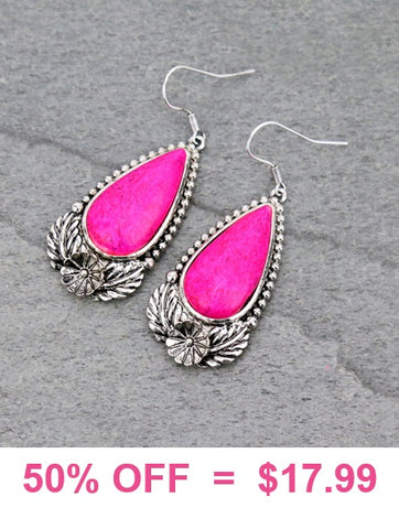 Pink teardrop stone earrings with silver setting border