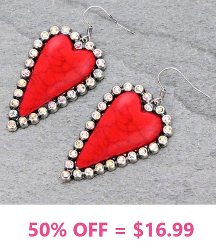 Red Stone Bling Trim Heart Earrings Silver tone