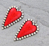 Red Stone Bling Trim Heart Earrings Silver tone