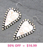 Cream Stone Heart Earrings with Silver Bling Border