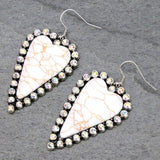 Cream Stone Heart Earrings with Silver Bling Border