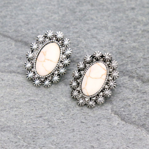 Cream Stone Stud Earrings with silver border