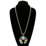 Silver Single Strand Navajo Pearls with Multi Color Stone Squash Blossom Pendant