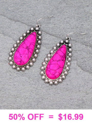 Pink teardrop stone earrings with silver border
