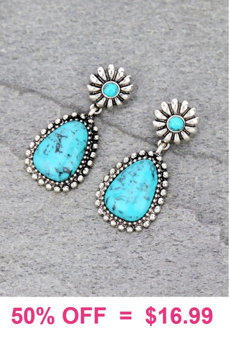 Western Drop Post Earrings with Silver Border & Turquoise Stone