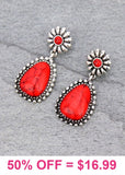 Western Drop Post Earrings with Silver Border & RedStone