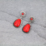 Western Drop Post Earrings with Silver Border & RedStone