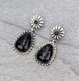 Western Drop Post Earrings with Silver Border & Black Stone