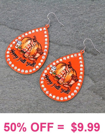 It's Fall Y'all orange teardrop bling earrings