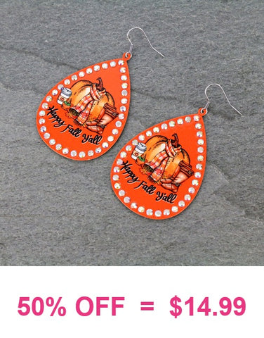 It's Fall Y'all orange teardrop bling earrings