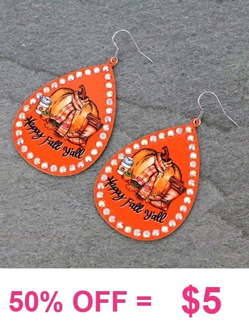 It's Fall Y'all orange teardrop bling earrings