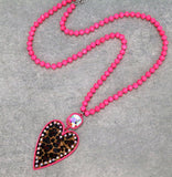 Neon Pink Crystal Necklace with leopard bling heart