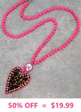 Neon Pink Crystal Necklace with leopard bling heart