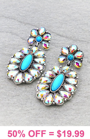 Large Bling AB & Turquoise Dangle oval concho earrings