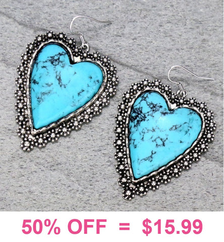 Turquoise stone heart earrings silver trim