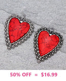 Red stone heart earrings silver trim