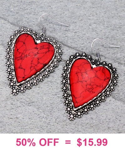 Red stone heart earrings silver trim