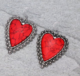 Red stone heart earrings silver trim