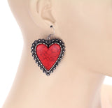 Red stone heart earrings silver trim