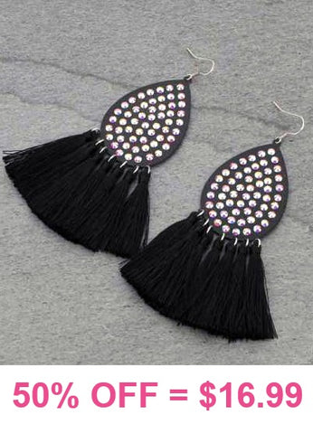 Gala Black Bling Teardrop Large Earrings with Tassels