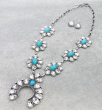 Trendy Turquoise & AB Bling Squash Blossom necklace and earring set