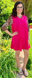 Pink Flutter Tunic Dress with Leopard Sleeves & Criss Cross Neck