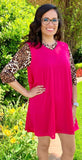 Pink Flutter Tunic Dress with Leopard Sleeves & Criss Cross Neck