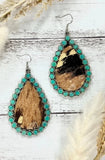 Turquoise Trim Teardrop earrings with cow hide