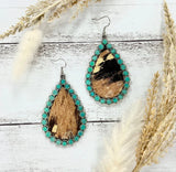 Turquoise Trim Teardrop earrings with cow hide