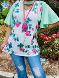 White Floral Blouse with mint flutter sleeves