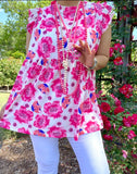 Pink floral white baby doll top cap sleeves