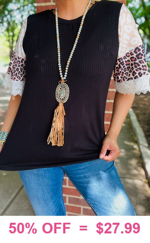 S-M-L :Black top with Leopard & Crochet trim sleeves