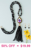 Black Crystal Necklace with Teardrop Rhinestone pendant & tassel