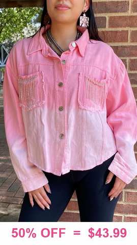 Pink & Blush Crop denim jacket with bling fringe pockets – Shop