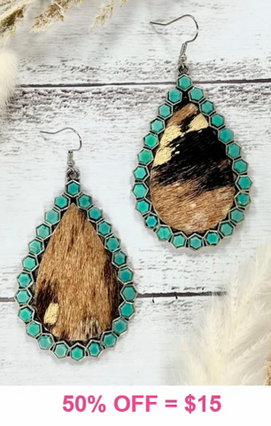 Turquoise Trim Teardrop earrings with cow hide