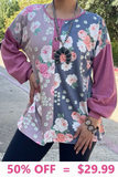 S, M, L : Half Floral, button front, pink long sleeve top