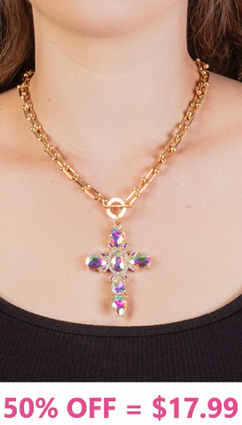 Gold Toggle Necklace with bling ornate cross pendant