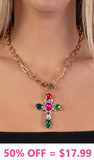 Gold Toggle Necklace with Bling Colorful ornate cross pendant