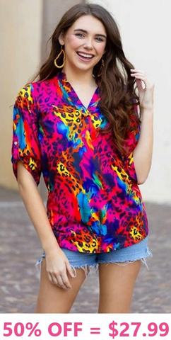 Red Leopard Multi color V-neck blouse