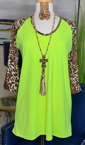 LARGE: Neon Yellow Top with leopard sleeves