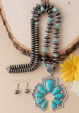 Turquoise & Silver Navajo Pearl Beaded Necklace with Multi Stone Squash Blossom Pendant