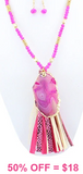 Pink Necklace with stone slab and tassel