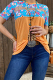 Orange top with blue floral and sequin stripe