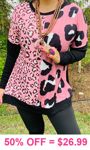 Pink leopard, half prints, black long sleeve top