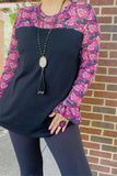 3X. Black top with Pink paisley sheer sleeves