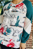 Teal Long Sleeve Western & Cactus print top