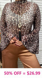 S, XL, 3X Sheer Leopard Bell Sleeve Top