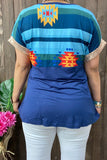 Blue tribal top with sequin trim short sleeves