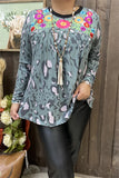 Floral Embroidery Grey Leopard long sleeve top